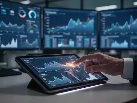 Eine Hand tippt auf einem Tablet, das Finanzberichte und Diagramme anzeigt, in einem modernen Büro. Bild suggeriert digitale Prüfung und Effizienz. - Foto: über boerse-global.de