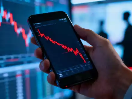 Eine Hand hält ein Smartphone mit einem absteigenden Finanzgraphen, der Netto-Abflüsse aus Bitcoin-ETFs symbolisiert. - Foto: über boerse-global.de