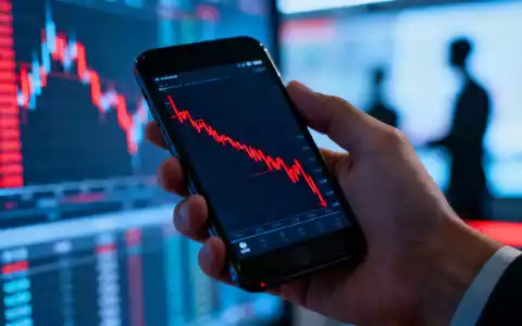 Eine Hand hält ein Smartphone mit einem absteigenden Finanzgraphen, der Netto-Abflüsse aus Bitcoin-ETFs symbolisiert. - Foto: über boerse-global.de