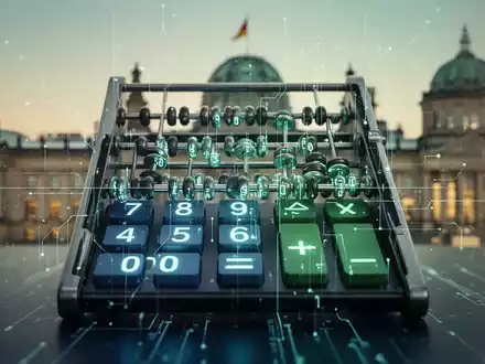Ein stilisierter, digitaler Abakus oder Taschenrechner mit leuchtenden Zahlen vor verschwommenen deutschen Regierungsgebäuden. - Foto: über boerse-global.de