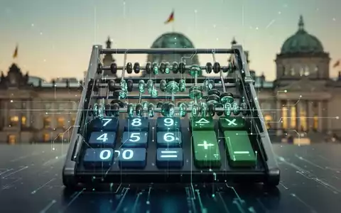 Ein stilisierter, digitaler Abakus oder Taschenrechner mit leuchtenden Zahlen vor verschwommenen deutschen Regierungsgebäuden. - Foto: über boerse-global.de