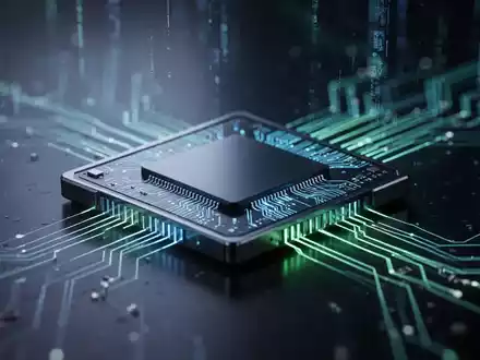 Close-up of a futuristic microchip glowing with blue and green light, symbolizing AI and computing power, on a dark, reflective surface. - Foto: über boerse-global.de