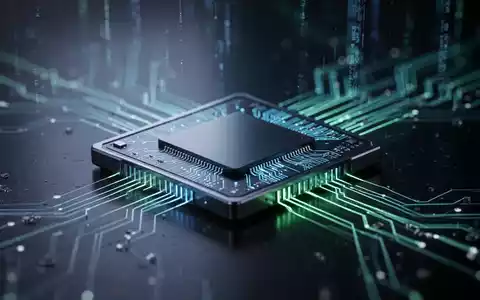Close-up of a futuristic microchip glowing with blue and green light, symbolizing AI and computing power, on a dark, reflective surface. - Foto: über boerse-global.de