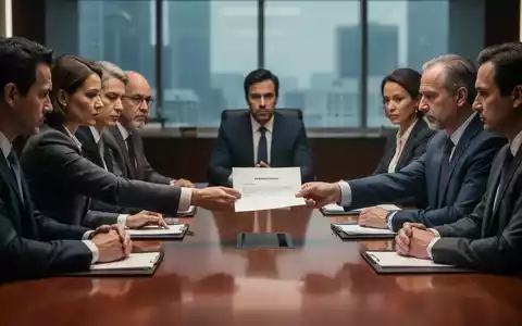 Eine Gruppe von Geschäftsleuten an einem Konferenztisch, eine Person überreicht ein Kündigungsschreiben. Die Szene vermittelt Ernsthaftigkeit und Reflexion über Personalfluktuation und Unternehmensentwicklung. - Foto: über boerse-global.de