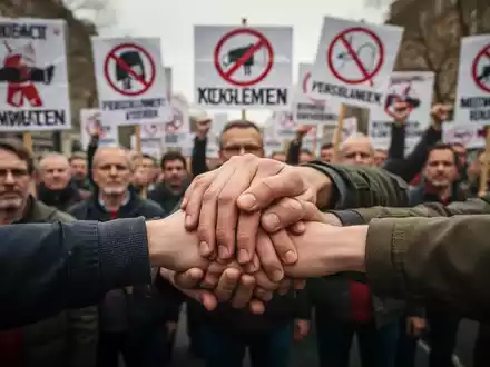 Eine Nahaufnahme von Händen, die sich solidarisch umfassen, mit einer Gruppe streikender Arbeiter im unscharfen Hintergrund. - Foto: über boerse-global.de