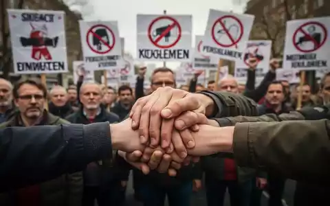 Eine Nahaufnahme von Händen, die sich solidarisch umfassen, mit einer Gruppe streikender Arbeiter im unscharfen Hintergrund. - Foto: über boerse-global.de