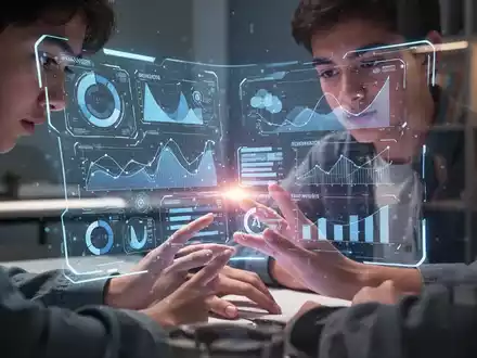 Hände eines Studenten, die mit einer holografischen Benutzeroberfläche interagieren, die Lernmetriken anzeigt, mit einem futuristischen und konzentrierten Ausdruck. - Foto: über boerse-global.de