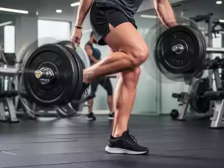 Eine Person führt stehendes Wadenheben in einem modernen Fitnessstudio aus, wobei der Fokus auf den Unterschenkelmuskeln liegt. - Foto: über boerse-global.de
