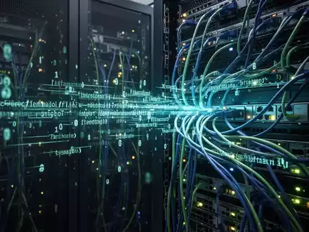 Abstract visualization of data packets and encrypted code flowing through server racks in a dimly lit data center, symbolizing a cyberattack. - Foto: über boerse-global.de