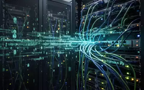 Abstract visualization of data packets and encrypted code flowing through server racks in a dimly lit data center, symbolizing a cyberattack. - Foto: über boerse-global.de
