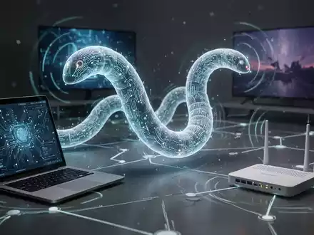 A glowing digital worm slithers across a network of interconnected devices: a laptop, a smart TV, and a router. - Foto: über boerse-global.de