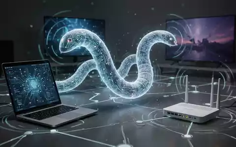 A glowing digital worm slithers across a network of interconnected devices: a laptop, a smart TV, and a router. - Foto: über boerse-global.de