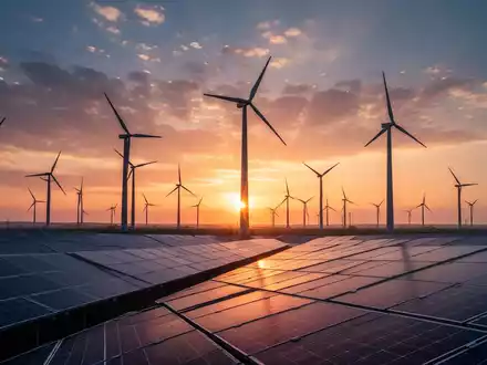 Windturbinen und Solarpaneele bei Sonnenuntergang, symbolisieren Investitionen in erneuerbare Energien und EU-Genehmigungen für staatliche Beihilfen. - Foto: über boerse-global.de