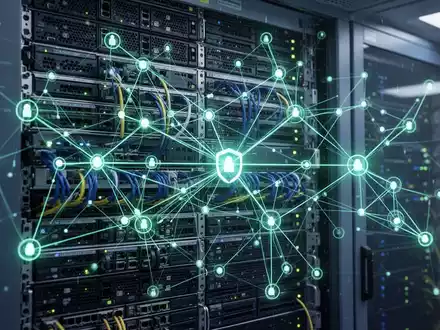 A glowing digital network graph superimposed on a server rack, symbolizing automated penetration testing in Active Directory environments. - Foto: über boerse-global.de