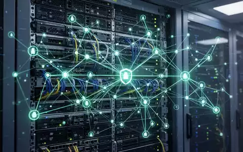 A glowing digital network graph superimposed on a server rack, symbolizing automated penetration testing in Active Directory environments. - Foto: über boerse-global.de