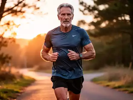 Ein fitter Mann über 50 macht ein schnelles Geh-Workout auf einem malerischen Weg bei Sonnenaufgang. - Foto: über boerse-global.de