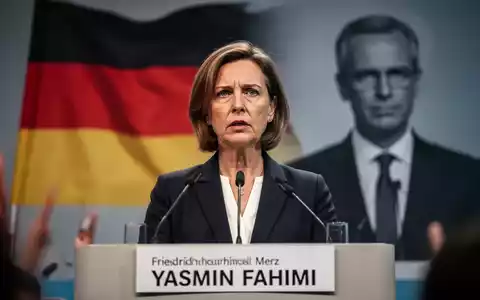 Eine entschlossene Gewerkschaftsvorsitzende spricht an einem Mikrofon, im Hintergrund verschwommen ein Politiker und die deutsche Flagge. - Foto: über boerse-global.de