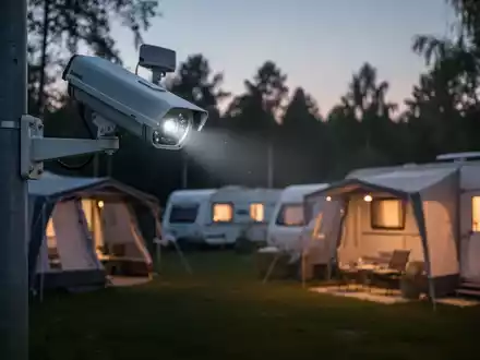 Eine Überwachungskamera auf einem Campingplatz bei Dämmerung, mit Zelten und Wohnwagen im Hintergrund. Fokus auf Sicherheit und Datenschutz. - Foto: über boerse-global.de