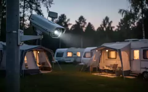 Eine Überwachungskamera auf einem Campingplatz bei Dämmerung, mit Zelten und Wohnwagen im Hintergrund. Fokus auf Sicherheit und Datenschutz. - Foto: über boerse-global.de