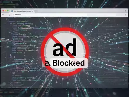 A stylized browser window with a red 'ad blocked' icon. The background shows blurred lines of code, representing data and web activity. - Foto: über boerse-global.de