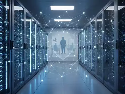 Ein modernes Rechenzentrum mit blauen Serverracks und abstrakten Netzwerkverbindungen, die Cybersicherheit darstellen. - Foto: über boerse-global.de