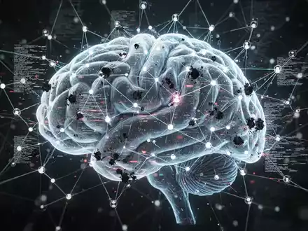 A glowing digital brain or network, with some nodes showing glitches or dark, distorted data, symbolizing data poisoning in AI. - Foto: über boerse-global.de