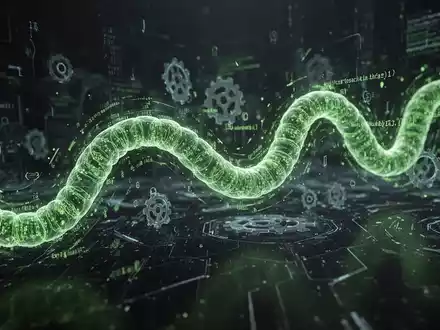 A glowing green digital worm flowing through a dark, abstract digital landscape of code and gears, symbolizing a software supply chain attack. - Foto: über boerse-global.de