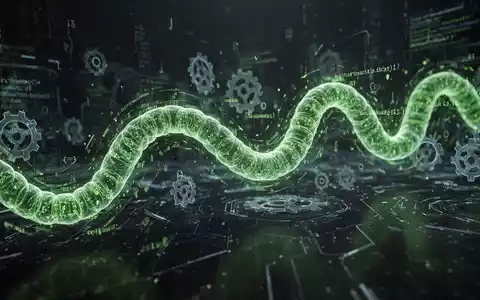 A glowing green digital worm flowing through a dark, abstract digital landscape of code and gears, symbolizing a software supply chain attack. - Foto: über boerse-global.de