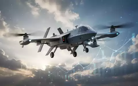 Eine moderne Militärdrohne fliegt vor einem dynamischen Himmel, symbolisiert fortschrittliche Verteidigungstechnologie und finanzielles Wachstum. - Foto: über boerse-global.de