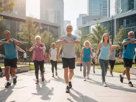 Eine vielfältige Gruppe von Menschen jeden Alters betreibt leichte körperliche Aktivitäten in einem modernen Stadtpark. - Foto: über boerse-global.de