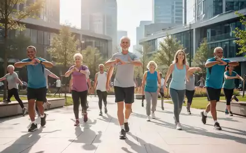 Eine vielfältige Gruppe von Menschen jeden Alters betreibt leichte körperliche Aktivitäten in einem modernen Stadtpark. - Foto: über boerse-global.de