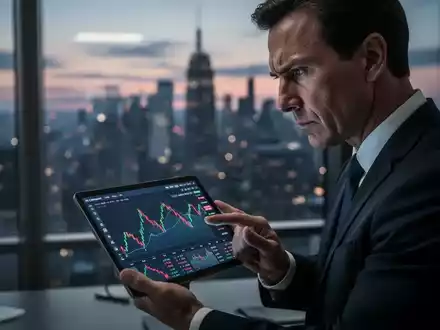 Eine ernst dreinblickende Person im Anzug, die ein Tablet mit Finanzdaten in einem modernen Büro betrachtet, während die Stadt draußen verschwimmt. - Foto: über boerse-global.de