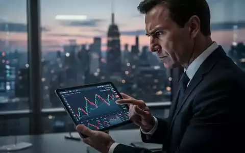 Eine ernst dreinblickende Person im Anzug, die ein Tablet mit Finanzdaten in einem modernen Büro betrachtet, während die Stadt draußen verschwimmt. - Foto: über boerse-global.de