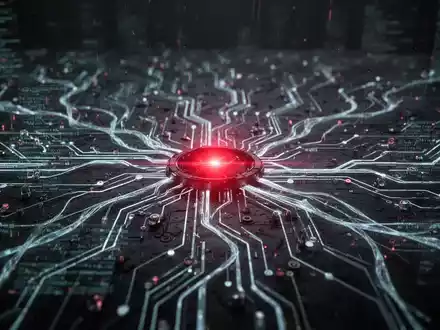 Ein futuristisches, leuchtendes neuronales Netzwerk mit Datenströmen und einem pulsierenden roten Licht, das einen kritischen Exploit symbolisiert. - Foto: über boerse-global.de