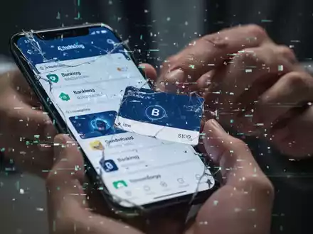 Ein Smartphone-Bildschirm zeigt eine verzerrte Banking-App mit digitalen Störungen, die eine Cyberbedrohung symbolisieren. - Foto: über boerse-global.de