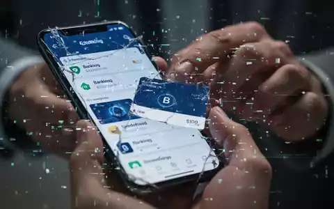 Ein Smartphone-Bildschirm zeigt eine verzerrte Banking-App mit digitalen Störungen, die eine Cyberbedrohung symbolisieren. - Foto: über boerse-global.de