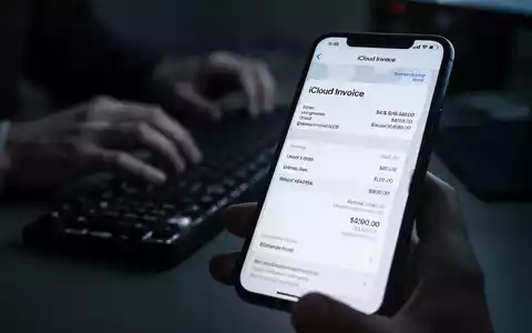 Nahaufnahme eines Smartphone-Bildschirms mit einer gefälschten iCloud-Rechnung, im Hintergrund verschwommen eine Person am Computer. - Foto: über boerse-global.de