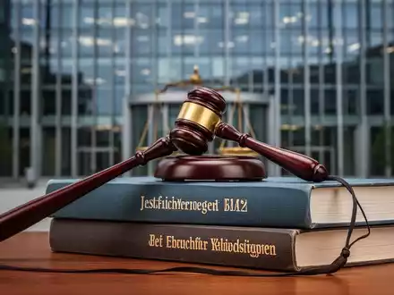 Ein stilisiertes Richtersymbol (Gavel) liegt auf deutschen Gesetzestexten mit einem Regierungsgebäude im Hintergrund. - Foto: über boerse-global.de