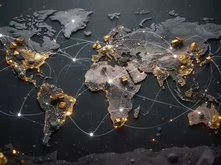Abstrakte Grafik einer globalen Bergbauoperation mit vernetzten Linien und Knoten, die Rohstoffgewinnung und Lieferketten symbolisieren. - Foto: über boerse-global.de