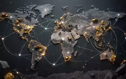 Abstrakte Grafik einer globalen Bergbauoperation mit vernetzten Linien und Knoten, die Rohstoffgewinnung und Lieferketten symbolisieren. - Foto: über boerse-global.de