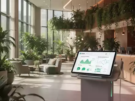 Eine moderne Hotellobby mit Pflanzen und einem Tablet, das ESG-Daten anzeigt, symbolisiert Nachhaltigkeit und digitales Reporting in der Hotellerie. - Foto: über boerse-global.de