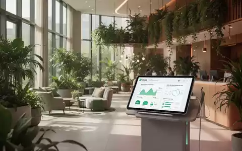Eine moderne Hotellobby mit Pflanzen und einem Tablet, das ESG-Daten anzeigt, symbolisiert Nachhaltigkeit und digitales Reporting in der Hotellerie. - Foto: über boerse-global.de