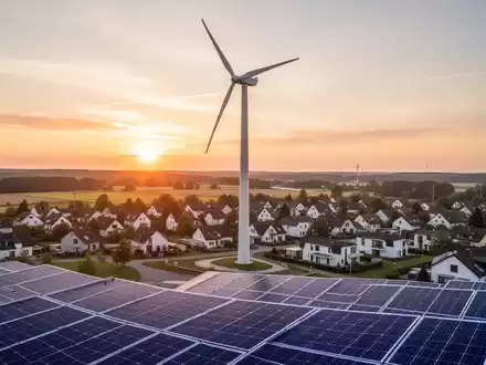 Windkraftanlagen und Solarpaneele in der Abenddämmerung über einer deutschen Stadt, symbolisch für kommunale Beteiligung an erneuerbaren Energien. - Foto: über boerse-global.de