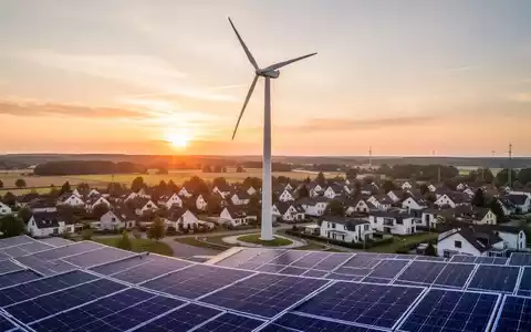Windkraftanlagen und Solarpaneele in der Abenddämmerung über einer deutschen Stadt, symbolisch für kommunale Beteiligung an erneuerbaren Energien. - Foto: über boerse-global.de