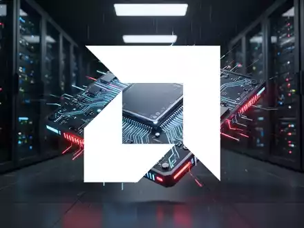 Ein futuristischer, leistungsstarker Mikrochip mit leuchtenden blauen und roten Akzenten in einem Serverraum. - Foto: über boerse-global.de