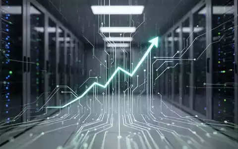 Abstrakte Darstellung von Wachstum und Technologie, mit leuchtenden Schaltkreisen und einem aufsteigenden Diagramm vor einem unscharfen Serverraum. - Foto: über boerse-global.de