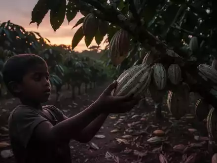 Eine einzelne, silhouettierte Kinderhand, die Kakaoschoten auf einer weitläufigen Kakaoplantage in der Dämmerung pflückt. - Foto: über boerse-global.de