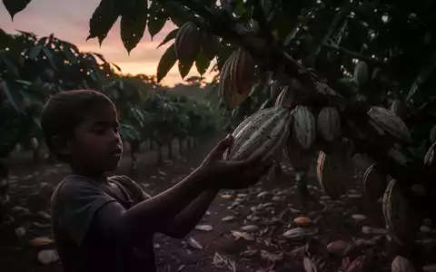 Eine einzelne, silhouettierte Kinderhand, die Kakaoschoten auf einer weitläufigen Kakaoplantage in der Dämmerung pflückt. - Foto: über boerse-global.de