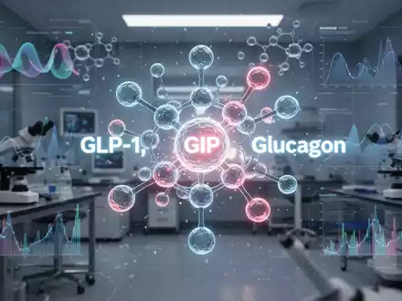 Eine leuchtende, stilisierte molekulare Struktur, umgeben von abstrakten Datenvisualisierungen in einem futuristischen Labor. - Foto: über boerse-global.de