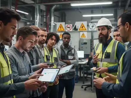 Eine Gruppe von Mitarbeitern nimmt an einer Schulung zum Arbeitsschutz teil, einige blicken auf einen Tablet-Bildschirm, andere auf einen Präsentator. - Foto: über boerse-global.de